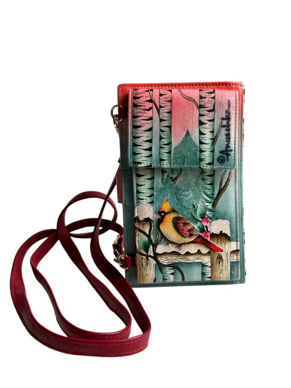 NWOT Anouschka Hand Painted Leather Crossbody Smartphone Wallet Bag
